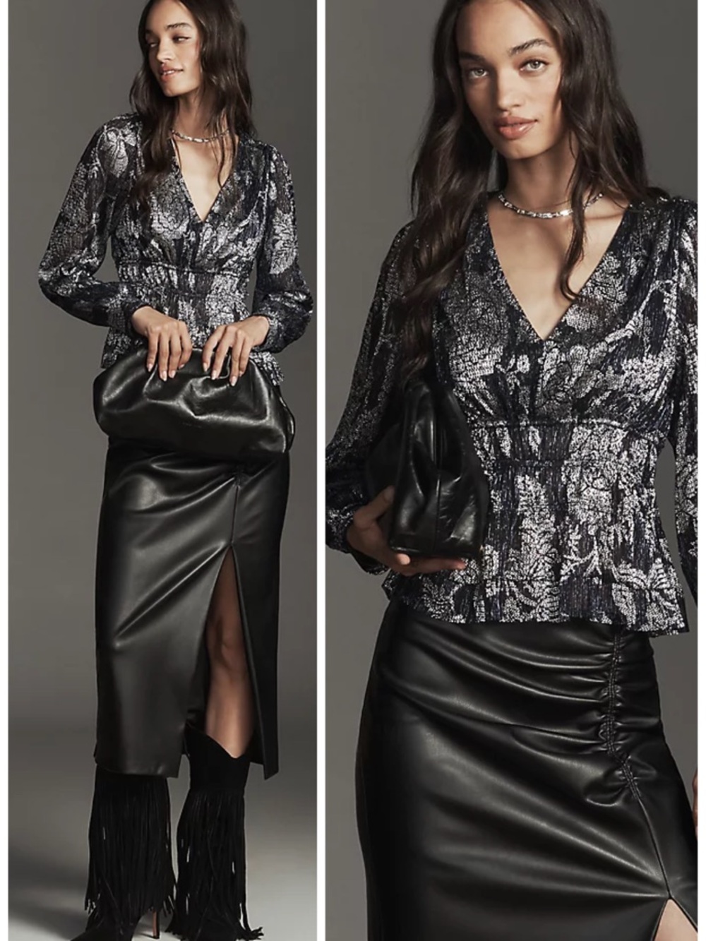 Anthropologie Metallic Smocked Long-Sleeve Shirt Blouse in Midnight Navy M NWT
